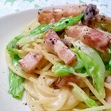 春キャベツと厚切りベーコンのクリームパスタ